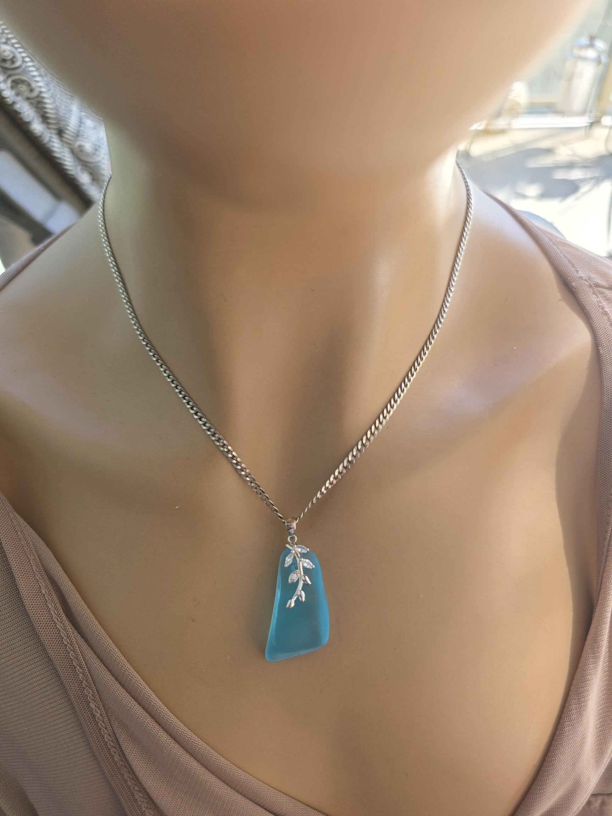 Daughter of the Deep – Blue Sea Glass Necklace, Sterling Silver Ocean Jewelry, Rare Sea Glass Pendant, Norse Myth Coastal Necklace