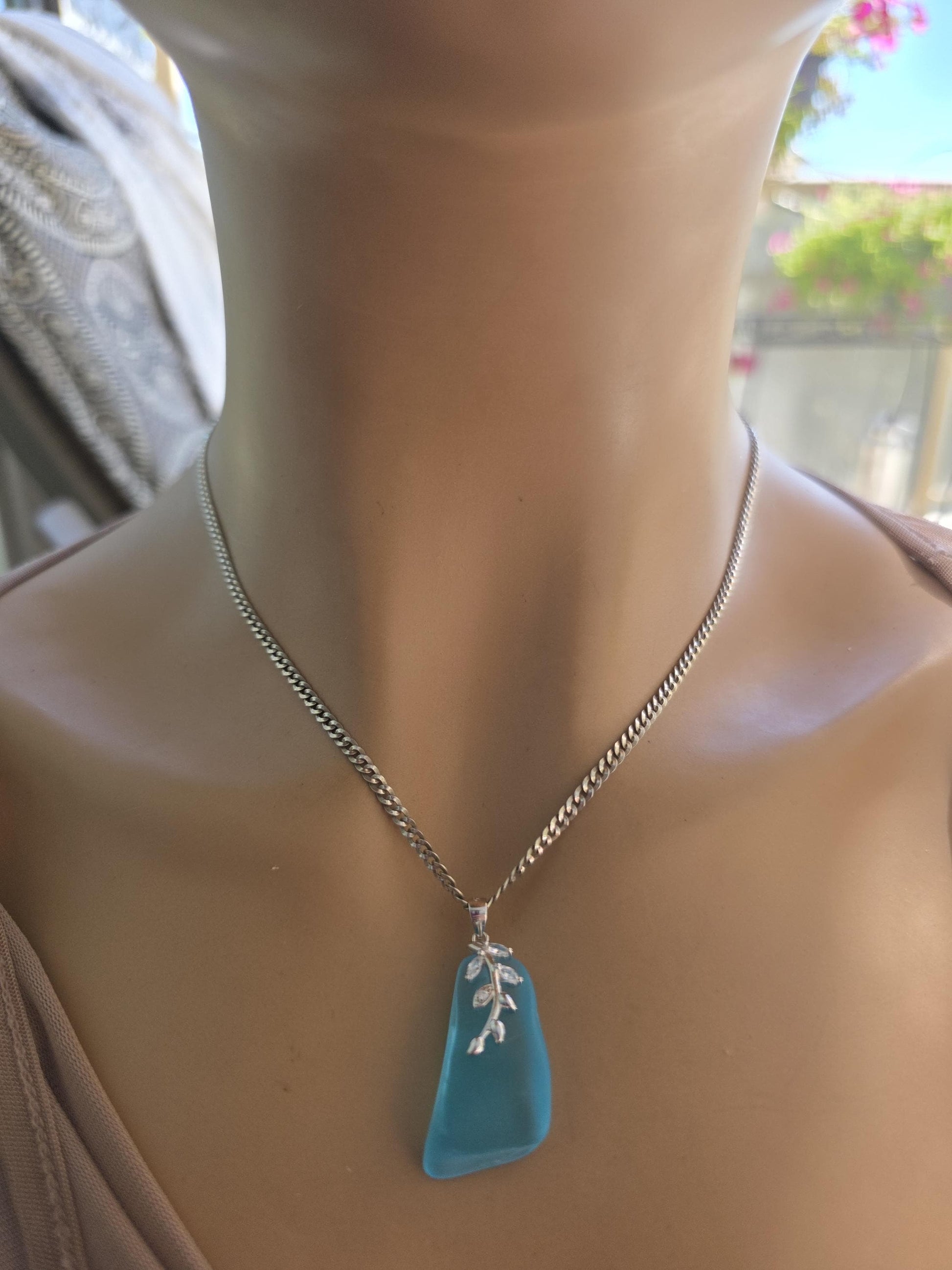 Daughter of the Deep – Blue Sea Glass Necklace, Sterling Silver Ocean Jewelry, Rare Sea Glass Pendant, Norse Myth Coastal Necklace