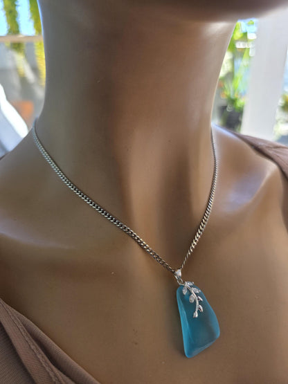 Daughter of the Deep – Blue Sea Glass Necklace, Sterling Silver Ocean Jewelry, Rare Sea Glass Pendant, Norse Myth Coastal Necklace