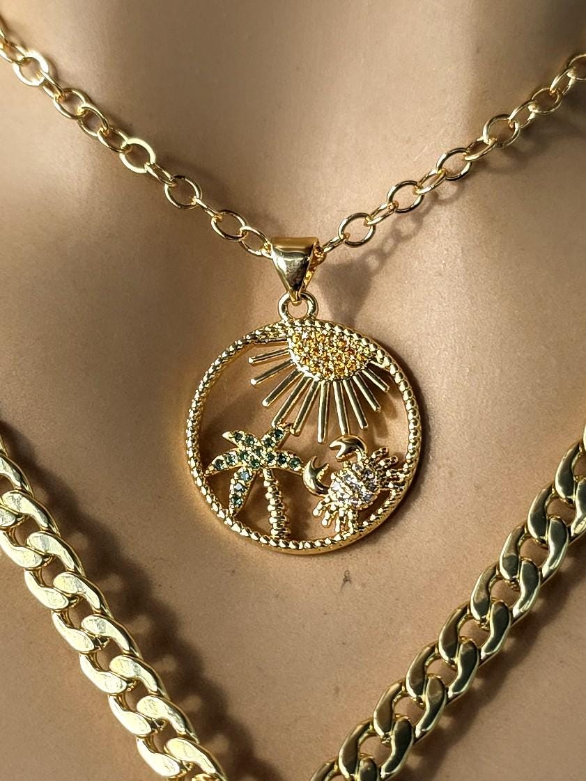 Ocean Theme Hemimorphite Pendant Gold Layered Necklaces Set, Tropical Palm Tree & Crab Zircon Medallion • Boho Healing Sea Beach Jewelry