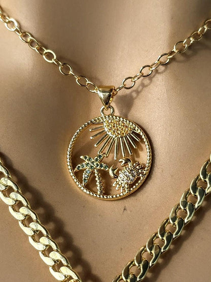 Ocean Theme Hemimorphite Pendant Gold Layered Necklaces Set, Tropical Palm Tree & Crab Zircon Medallion • Boho Healing Sea Beach Jewelry