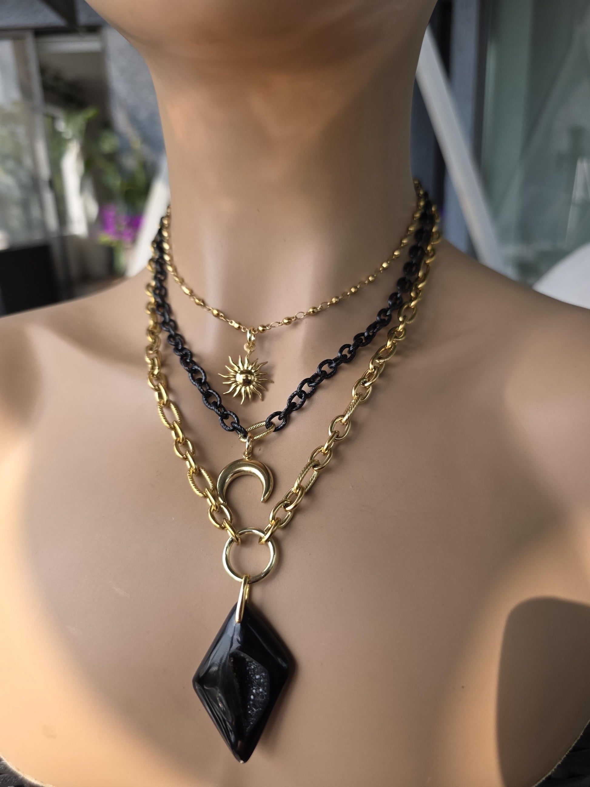 Onyx and Gold Necklace • Gothic Layered Statement Necklace • Black Stone Pendant • 18K Gold Plated Steel • Celestial Sun & Moon Jewelry