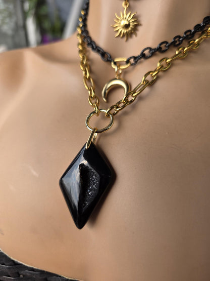 Onyx and Gold Necklace • Gothic Layered Statement Necklace • Black Stone Pendant • 18K Gold Plated Steel • Celestial Sun & Moon Jewelry