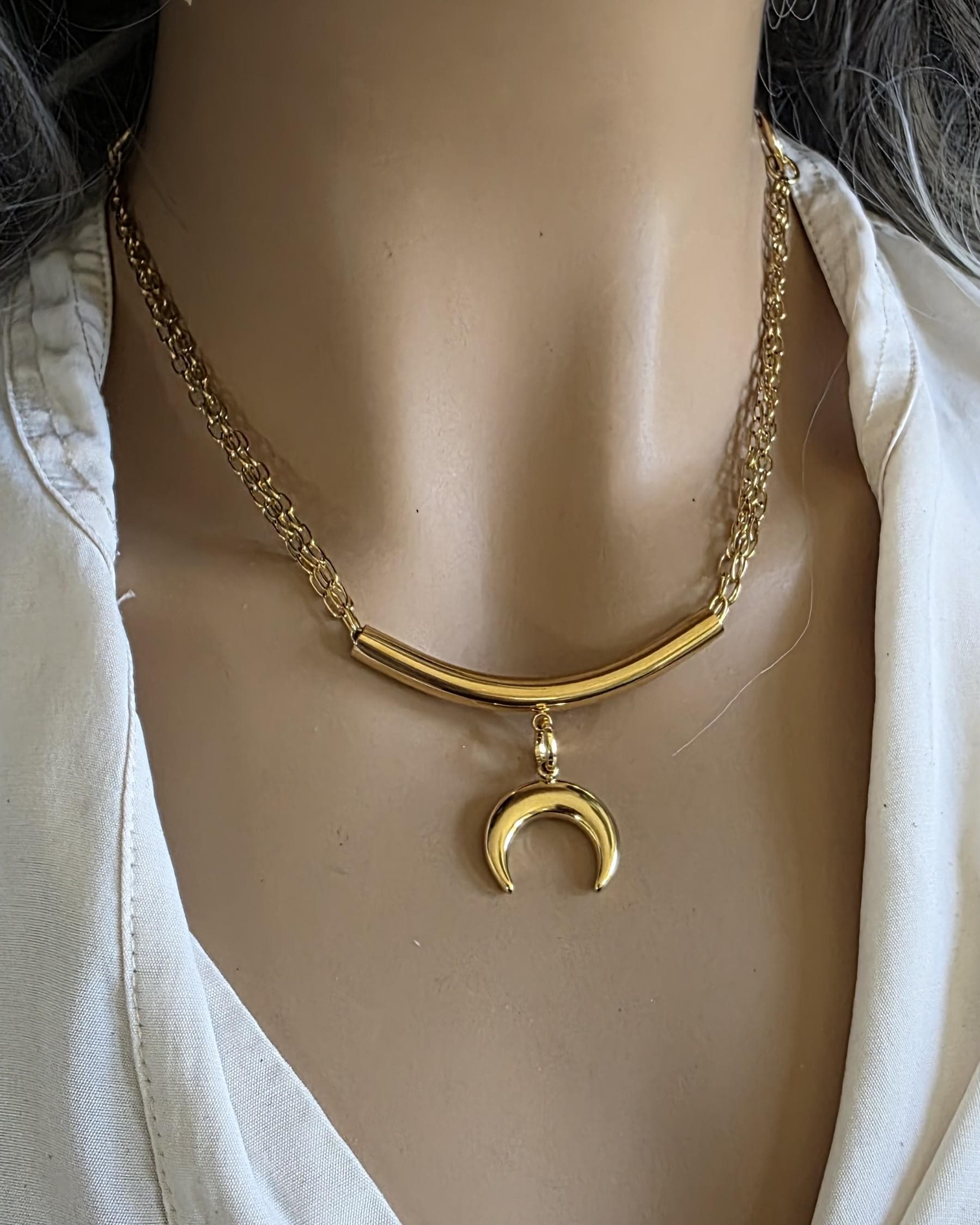 Gold Crescent Horn Moon Pendant Multi Strand Necklace: Witchy Celestial Jewelry
