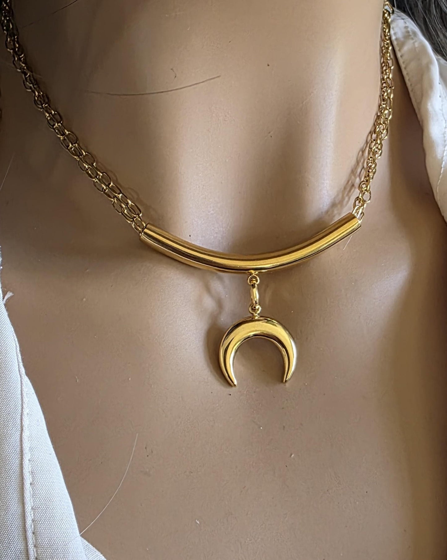 Gold Crescent Horn Moon Pendant Multi Strand Necklace: Witchy Celestial Jewelry