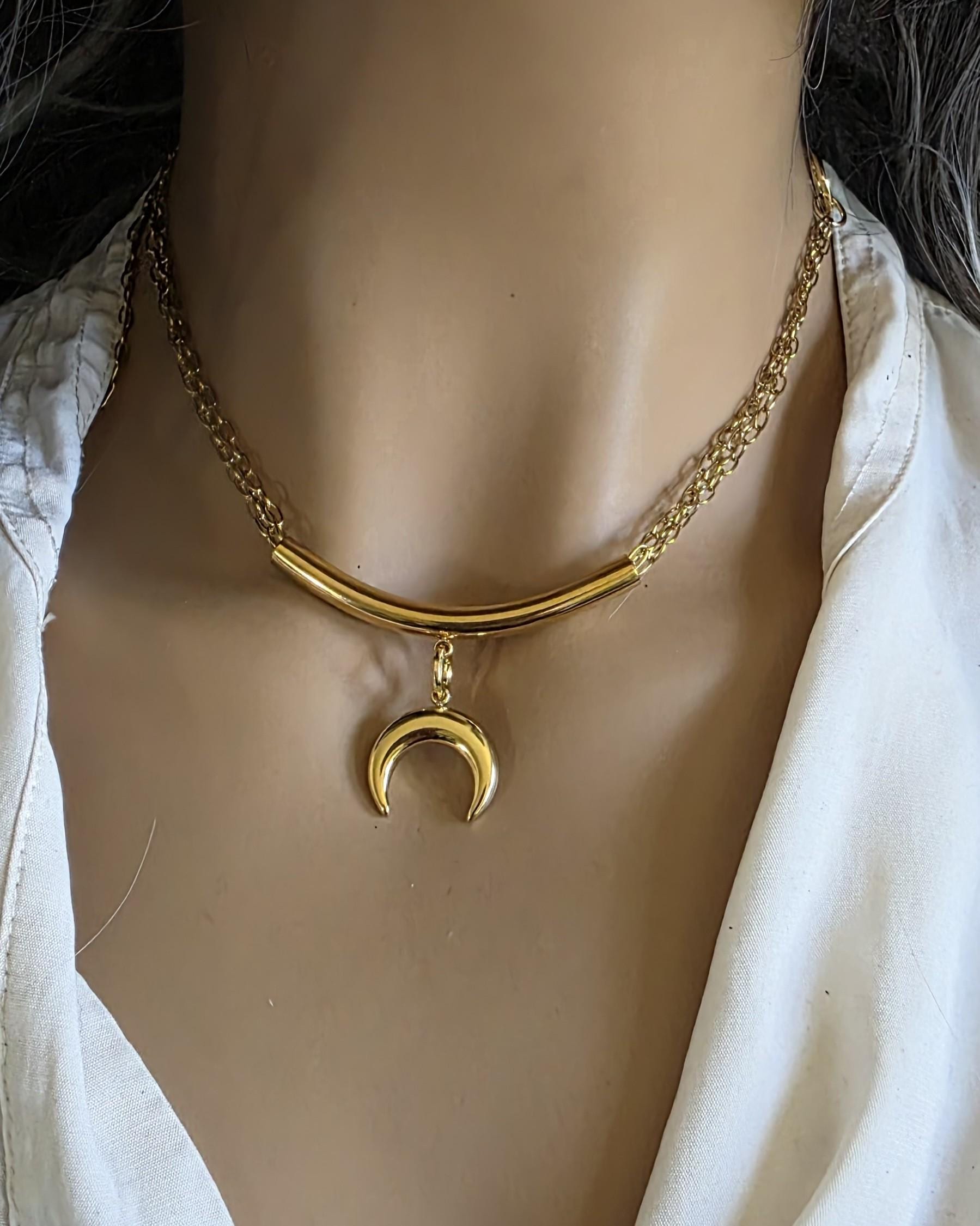 Gold Crescent Horn Moon Pendant Multi Strand Necklace: Witchy Celestial Jewelry