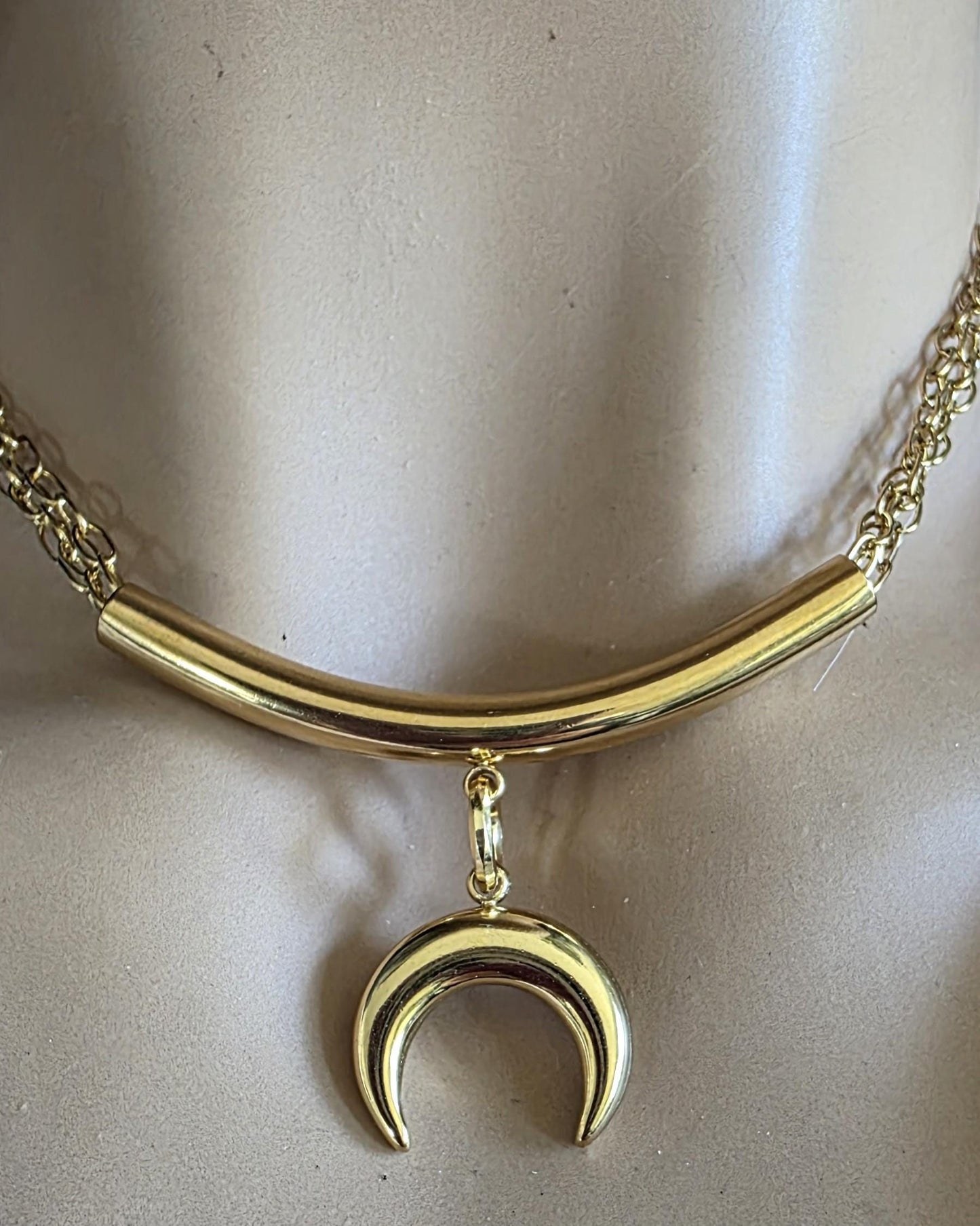 Gold Crescent Horn Moon Pendant Multi Strand Necklace: Witchy Celestial Jewelry