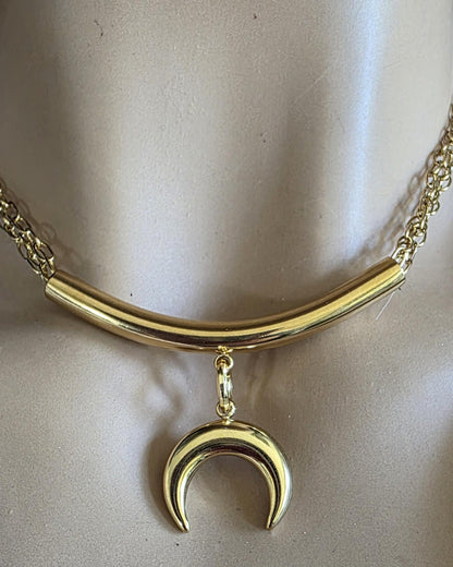 Gold Crescent Horn Moon Pendant Multi Strand Necklace: Witchy Celestial Jewelry