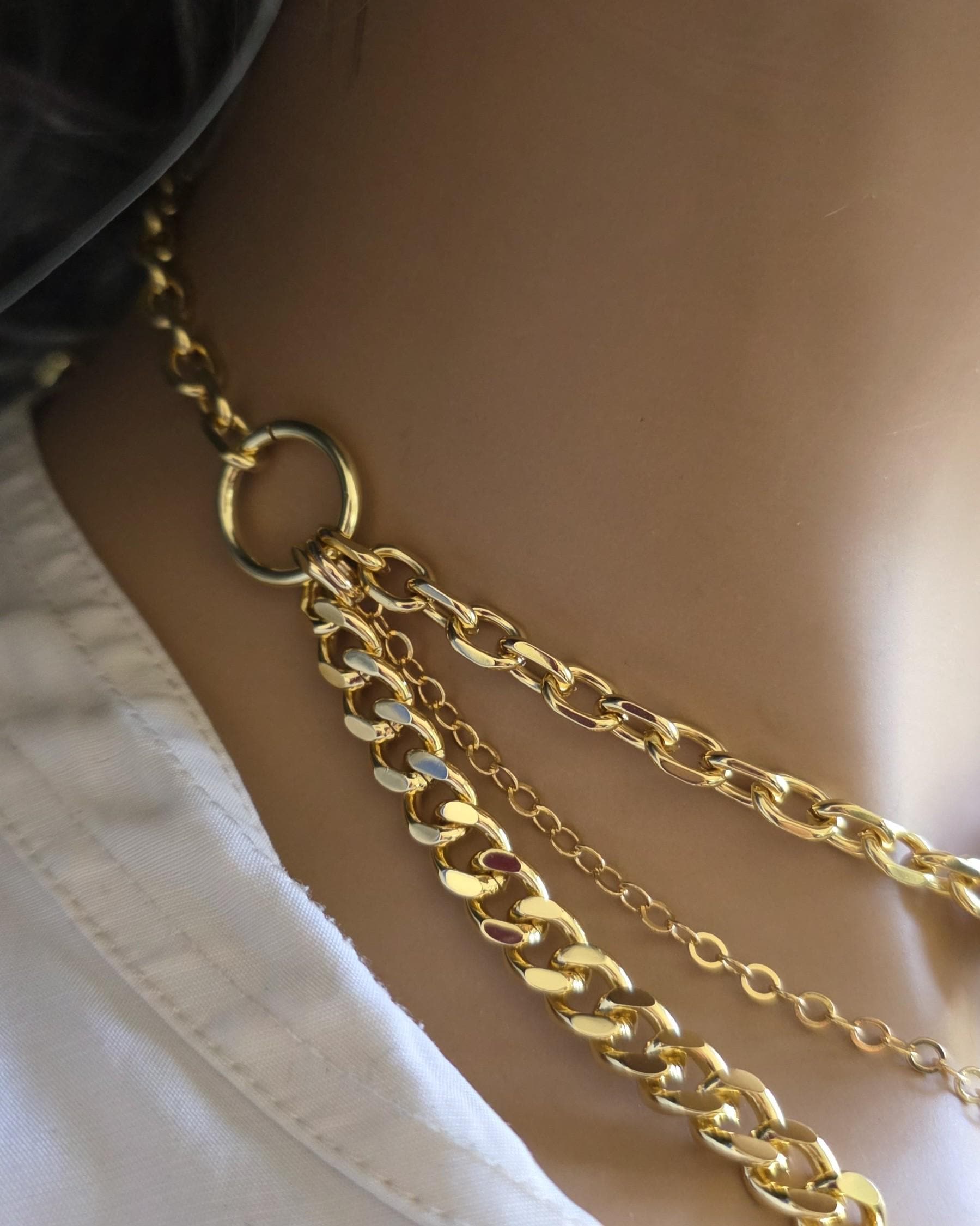 Gold Layered Multi Strand Chunky Chain Necklace Set with Coin Medallion, North Star Polaris, and Gold Nuggets