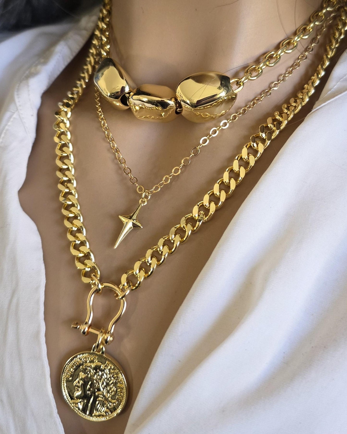 Gold Layered Multi Strand Chunky Chain Necklace Set with Coin Medallion, North Star Polaris, and Gold Nuggets