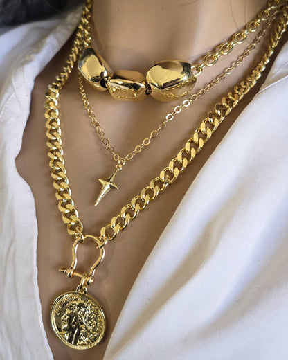 Gold Layered Multi Strand Chunky Chain Necklace Set with Coin Medallion, North Star Polaris, and Gold Nuggets