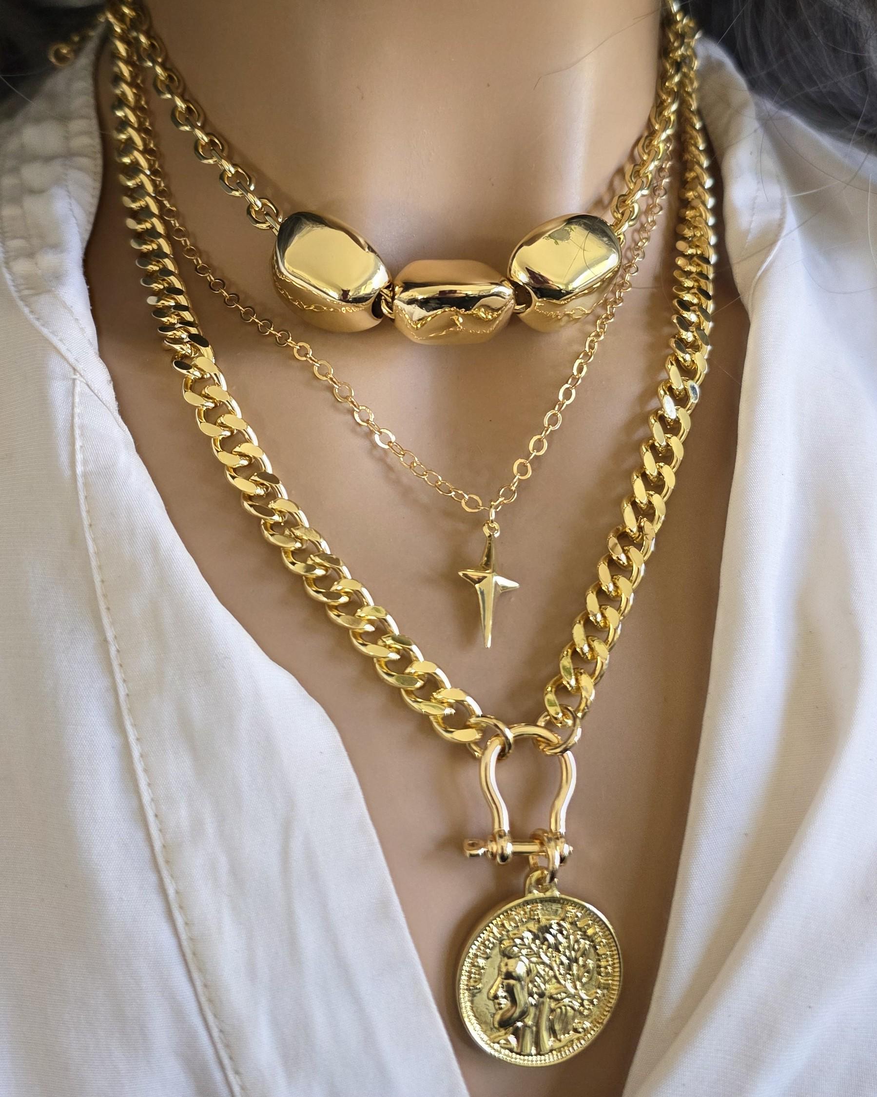 Gold Layered Multi Strand Chunky Chain Necklace Set with Coin Medallion, North Star Polaris, and Gold Nuggets
