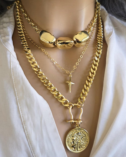 Gold Layered Multi Strand Chunky Chain Necklace Set with Coin Medallion, North Star Polaris, and Gold Nuggets