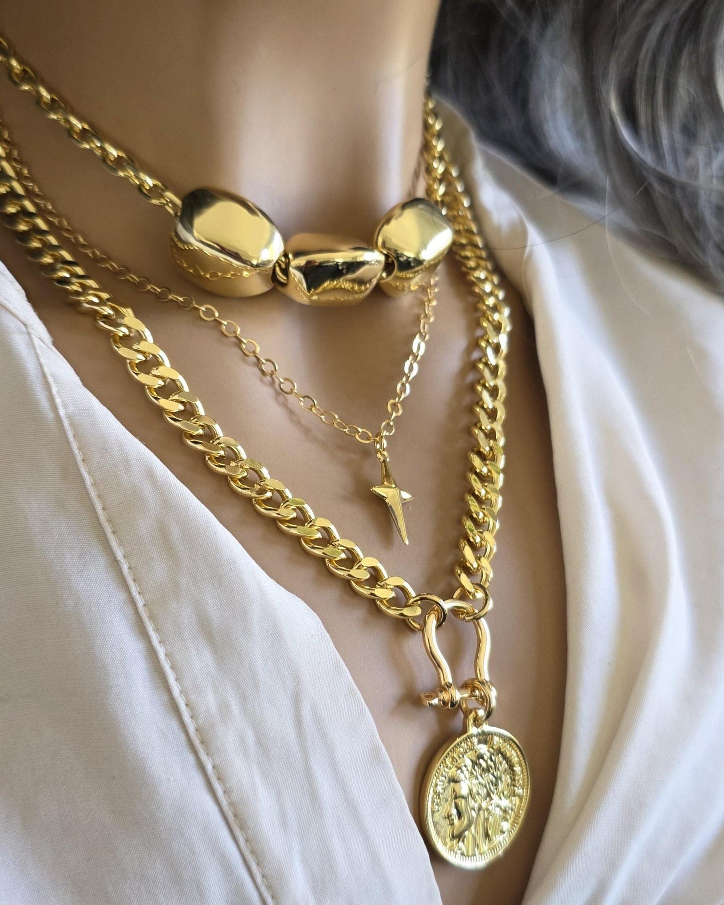 Gold Layered Multi Strand Chunky Chain Necklace Set with Coin Medallion, North Star Polaris, and Gold Nuggets