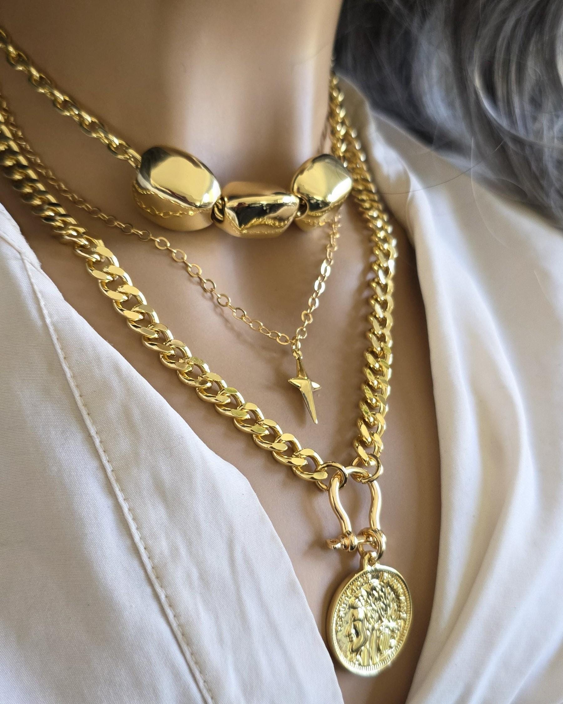 Gold Layered Multi Strand Chunky Chain Necklace Set with Coin Medallion, North Star Polaris, and Gold Nuggets