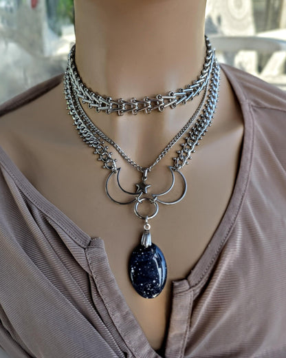 Celestial Triple Moon Leland Blue Glass Pendant Necklace with Star Charm – Layered Statement Choker