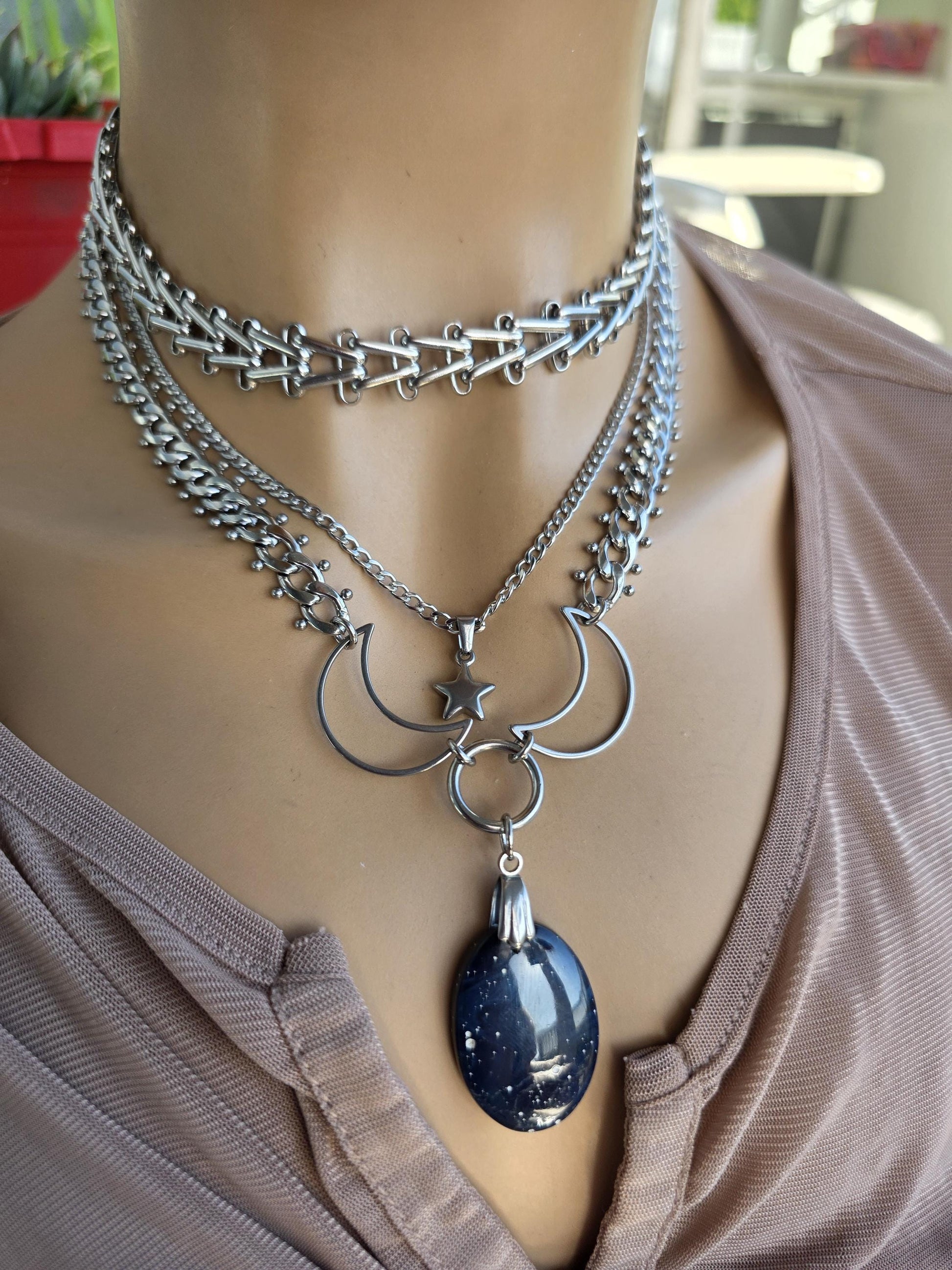 Celestial Triple Moon Leland Blue Glass Pendant Necklace with Star Charm – Layered Statement Choker