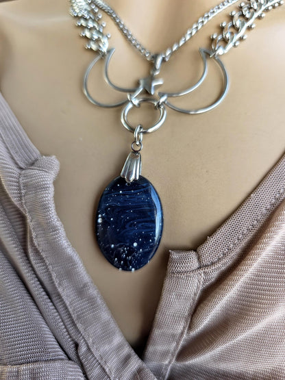Celestial Triple Moon Leland Blue Glass Pendant Necklace with Star Charm – Layered Statement Choker