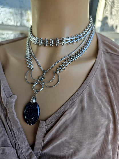 Celestial Triple Moon Leland Blue Glass Pendant Necklace with Star Charm – Layered Statement Choker