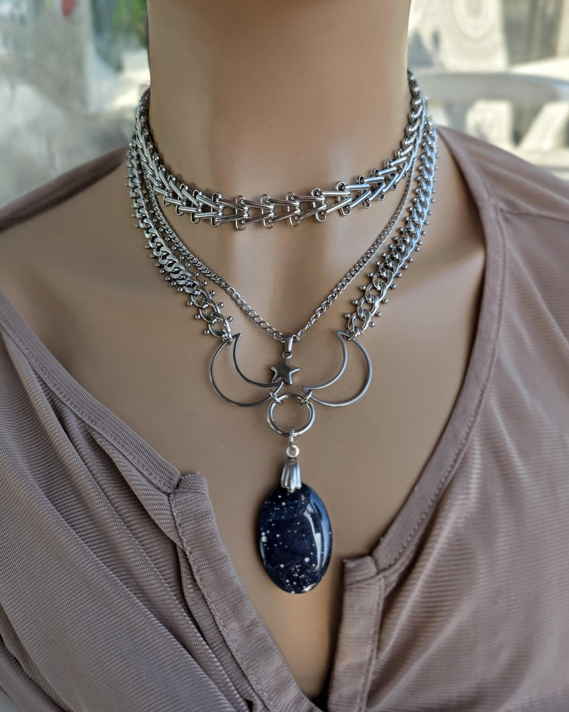Celestial Triple Moon Leland Blue Glass Pendant Necklace with Star Charm – Layered Statement Choker