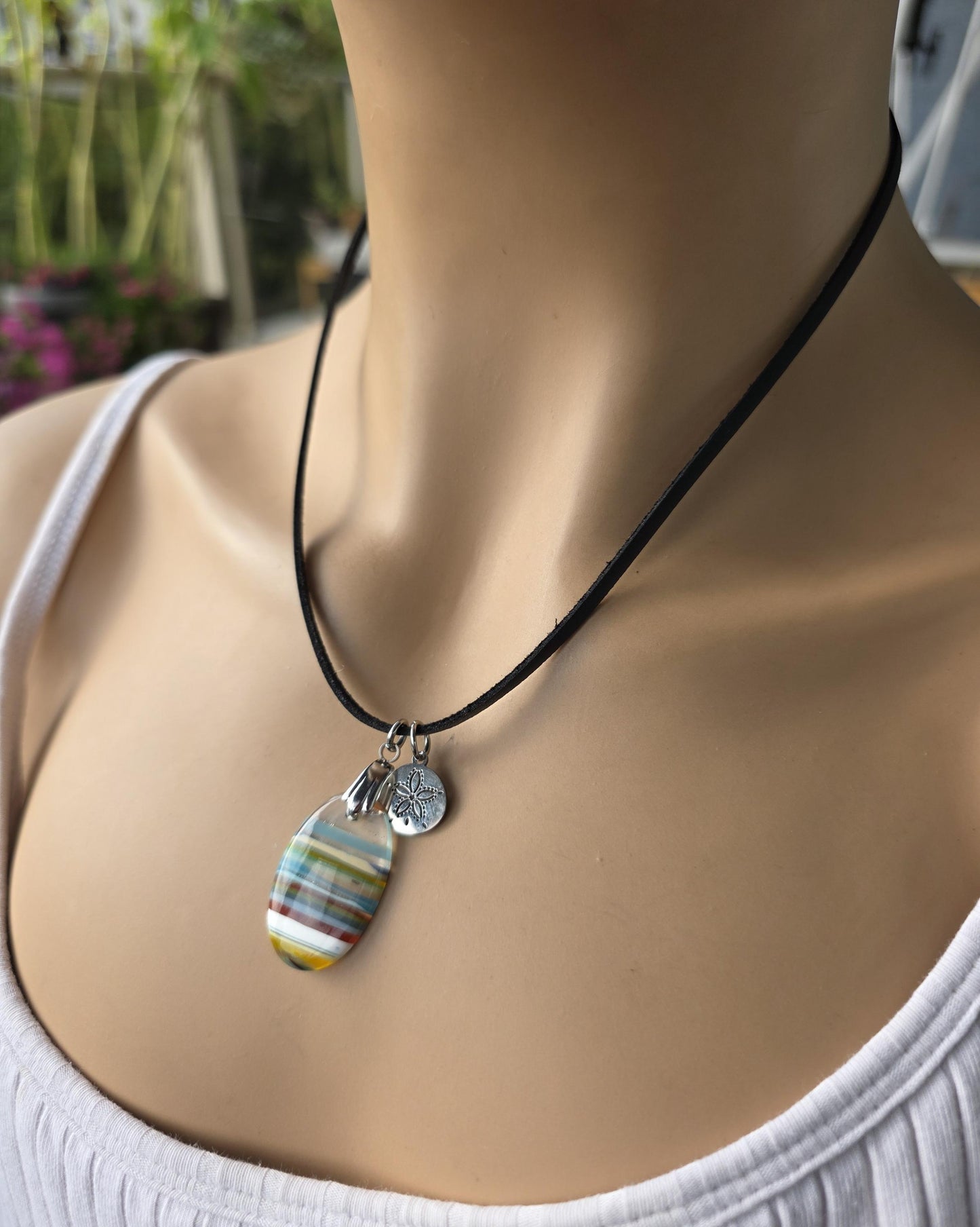Upcycled Surfboard Resin Pendant on Adjustable Leather Cord – Eco Friendly Ocean Jewelry – Striped Beach Necklace – Unisex Boho Surfer Gift