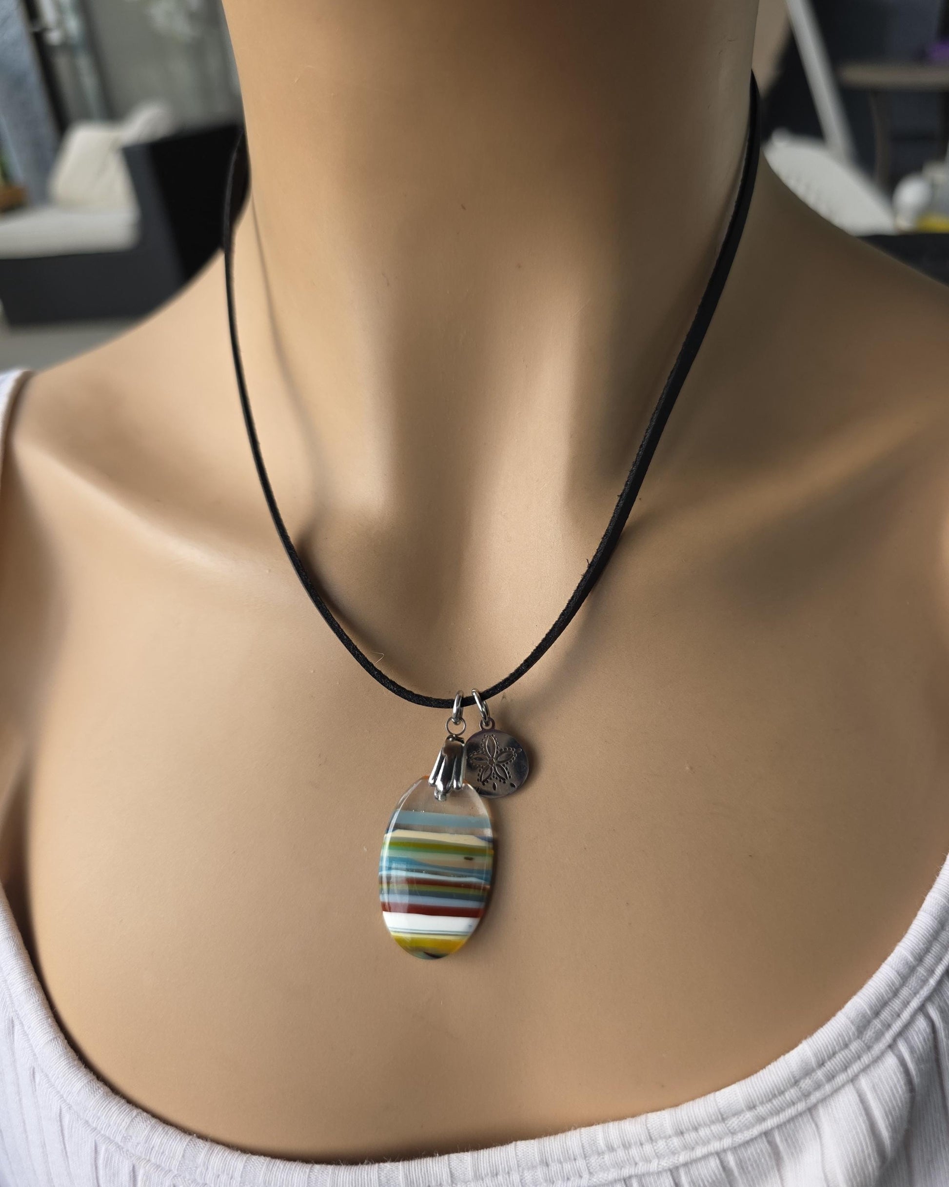Upcycled Surfboard Resin Pendant on Adjustable Leather Cord – Eco Friendly Ocean Jewelry – Striped Beach Necklace – Unisex Boho Surfer Gift