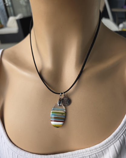 Upcycled Surfboard Resin Pendant on Adjustable Leather Cord – Eco Friendly Ocean Jewelry – Striped Beach Necklace – Unisex Boho Surfer Gift