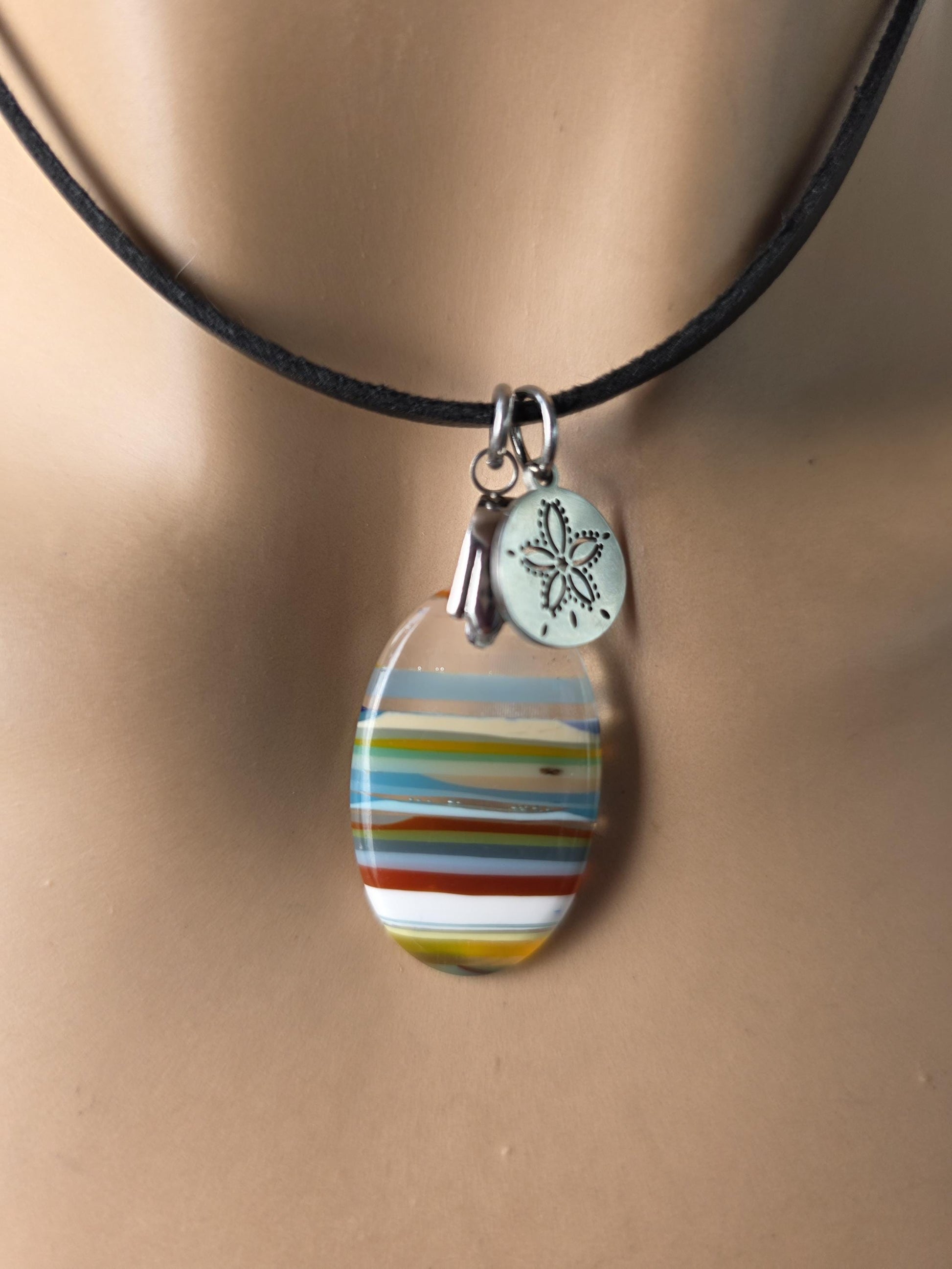 Upcycled Surfboard Resin Pendant on Adjustable Leather Cord – Eco Friendly Ocean Jewelry – Striped Beach Necklace – Unisex Boho Surfer Gift