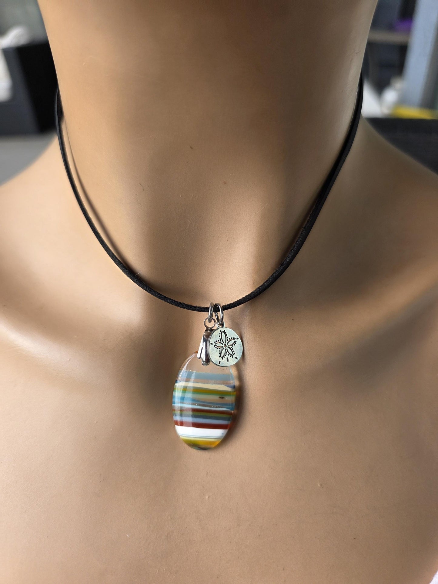 Upcycled Surfboard Resin Pendant on Adjustable Leather Cord – Eco Friendly Ocean Jewelry – Striped Beach Necklace – Unisex Boho Surfer Gift
