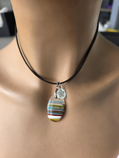 Upcycled Surfboard Resin Pendant on Adjustable Leather Cord – Eco Friendly Ocean Jewelry – Striped Beach Necklace – Unisex Boho Surfer Gift