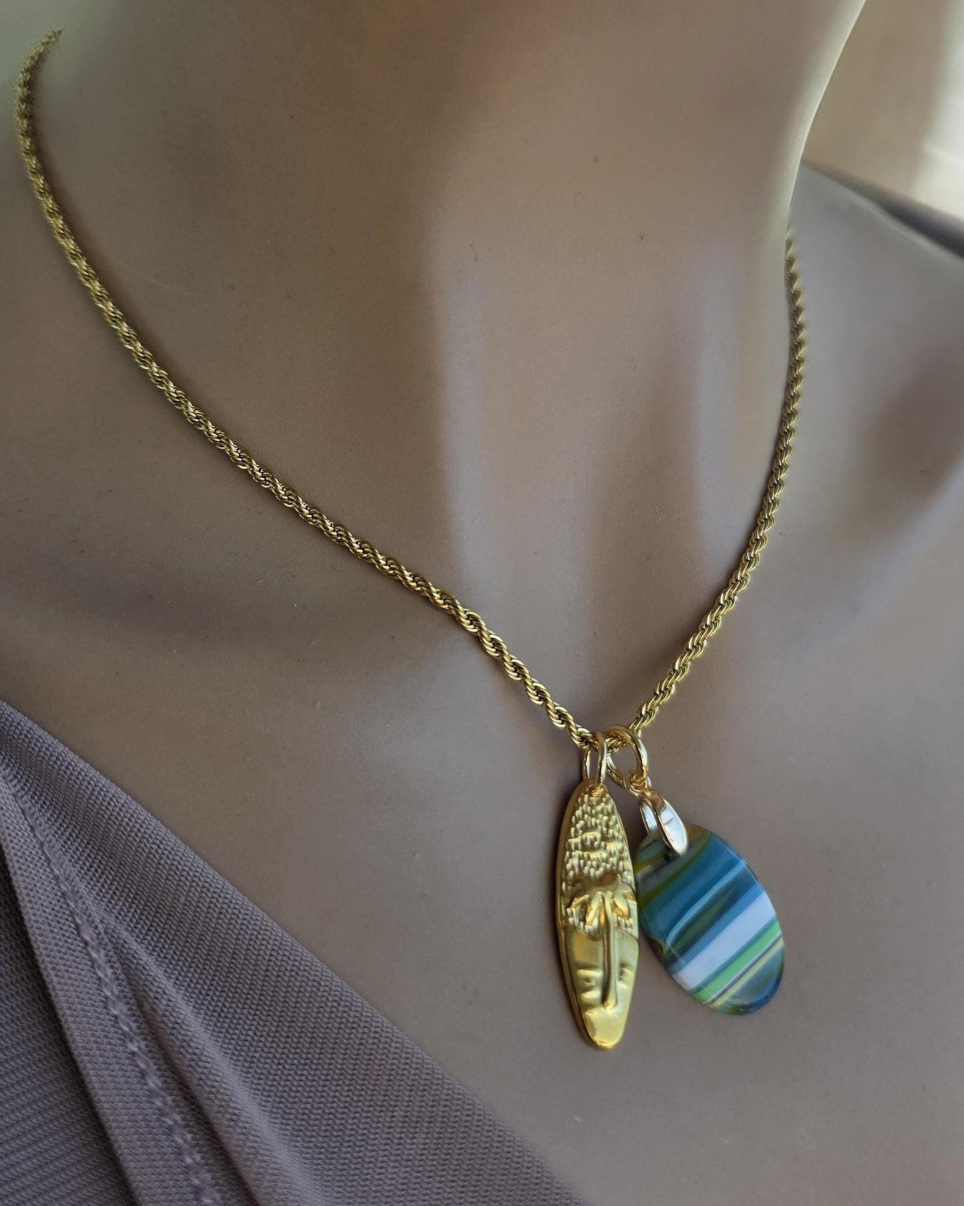 Upcycled Surfboard Resin Pendant with Gold Surfer Charm Necklace – Eco Friendly Ocean Jewelry