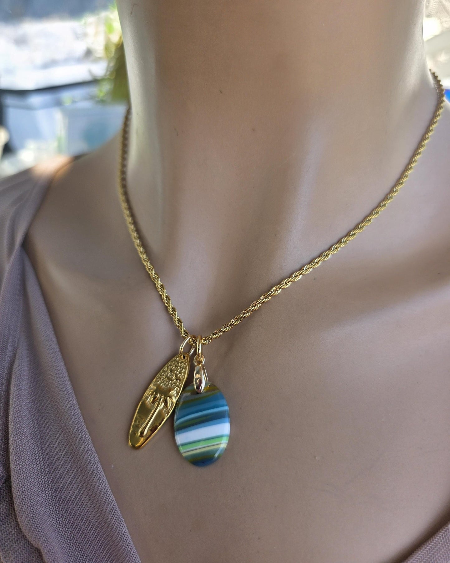Upcycled Surfboard Resin Pendant with Gold Surfer Charm Necklace – Eco Friendly Ocean Jewelry
