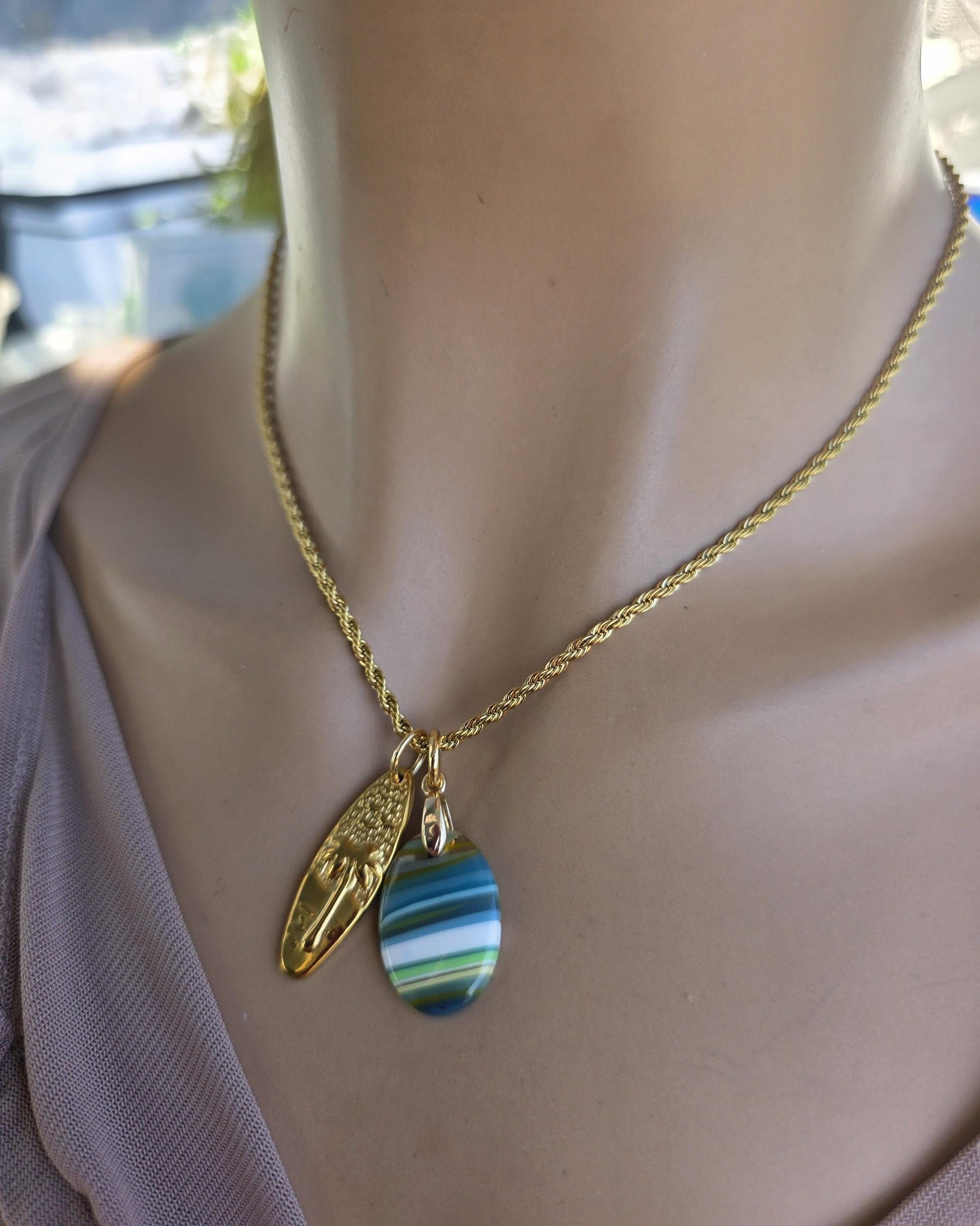 Upcycled Surfboard Resin Pendant with Gold Surfer Charm Necklace – Eco Friendly Ocean Jewelry