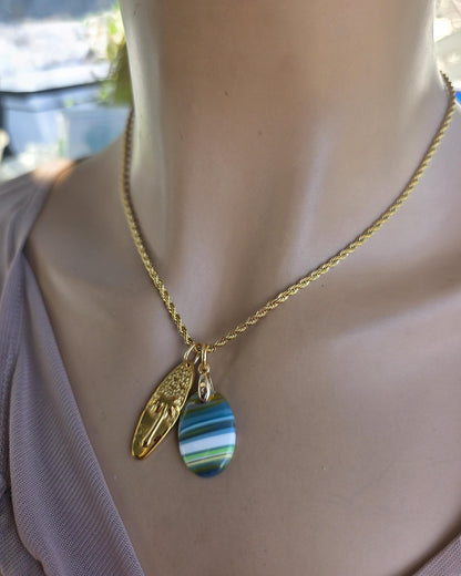 Upcycled Surfboard Resin Pendant with Gold Surfer Charm Necklace – Eco Friendly Ocean Jewelry