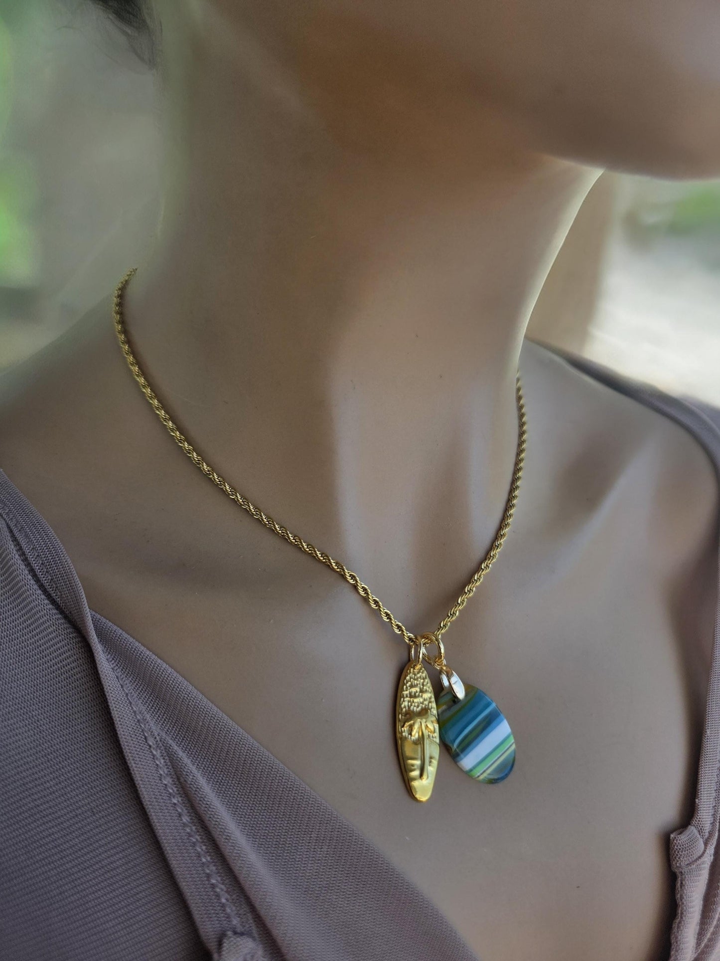 Upcycled Surfboard Resin Pendant with Gold Surfer Charm Necklace – Eco Friendly Ocean Jewelry