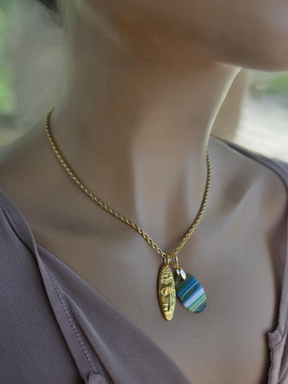 Upcycled Surfboard Resin Pendant with Gold Surfer Charm Necklace – Eco Friendly Ocean Jewelry