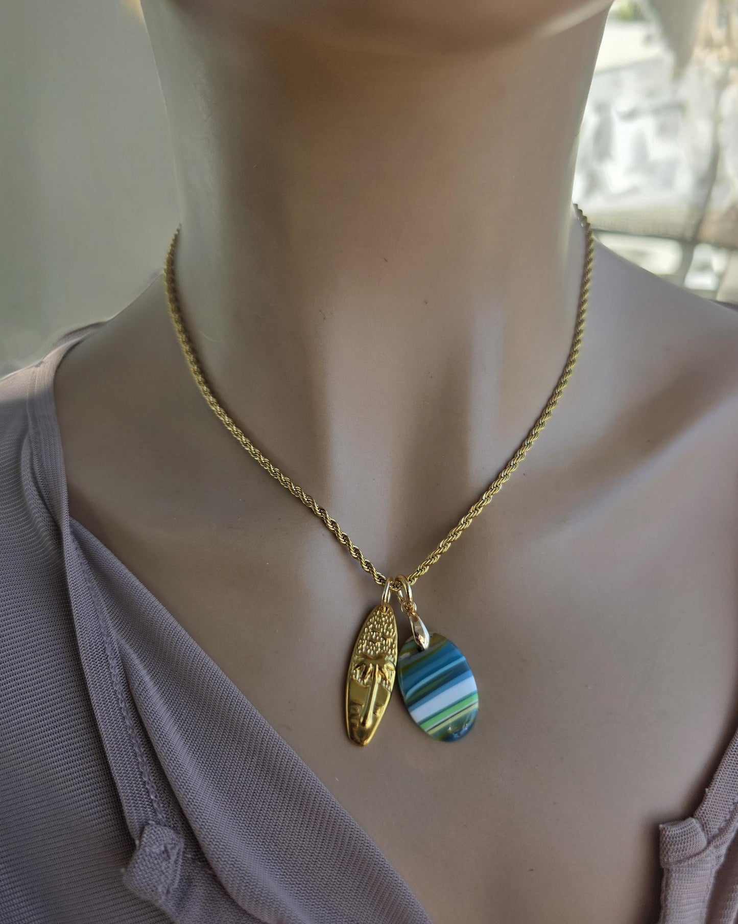 Upcycled Surfboard Resin Pendant with Gold Surfer Charm Necklace – Eco Friendly Ocean Jewelry