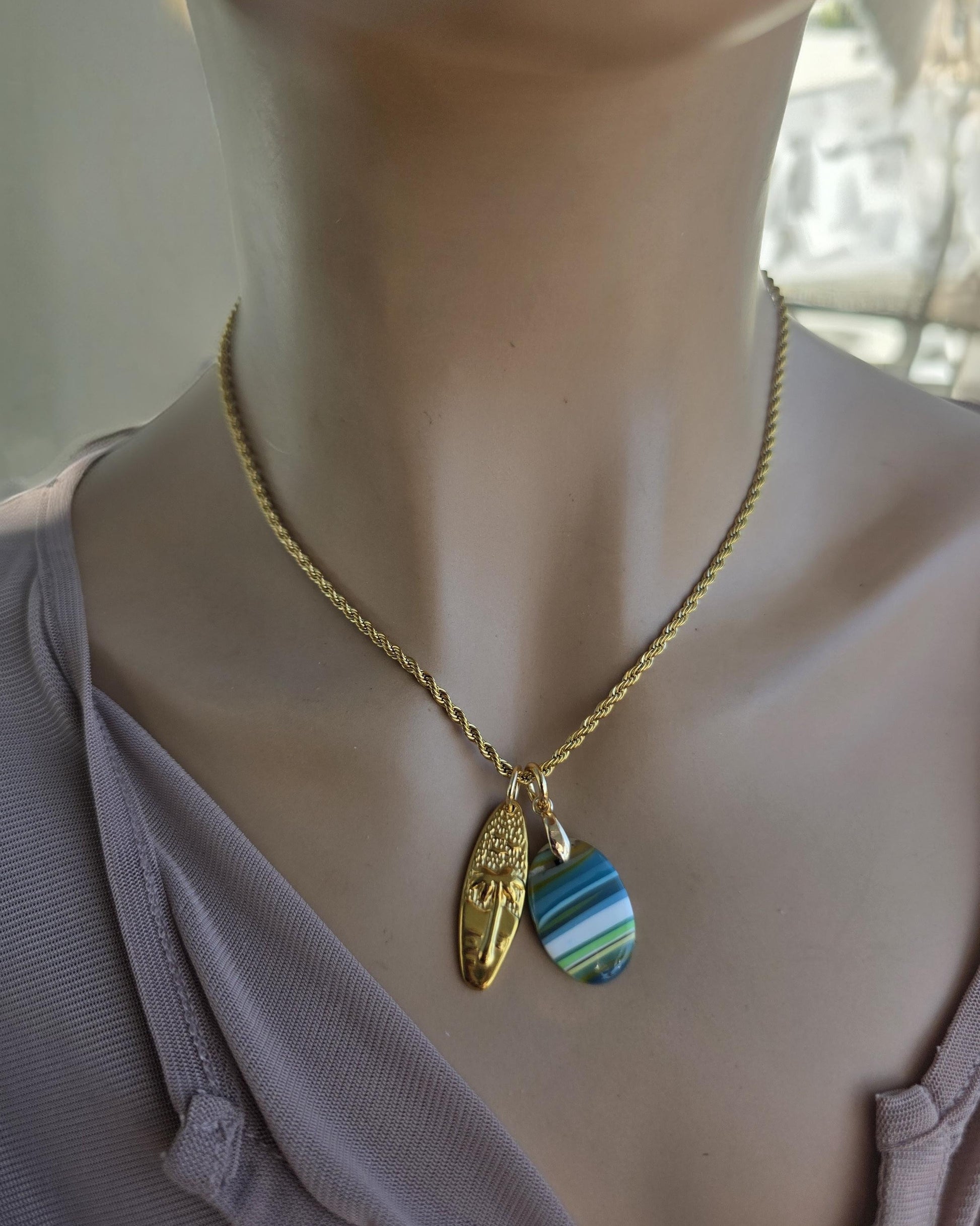 Upcycled Surfboard Resin Pendant with Gold Surfer Charm Necklace – Eco Friendly Ocean Jewelry
