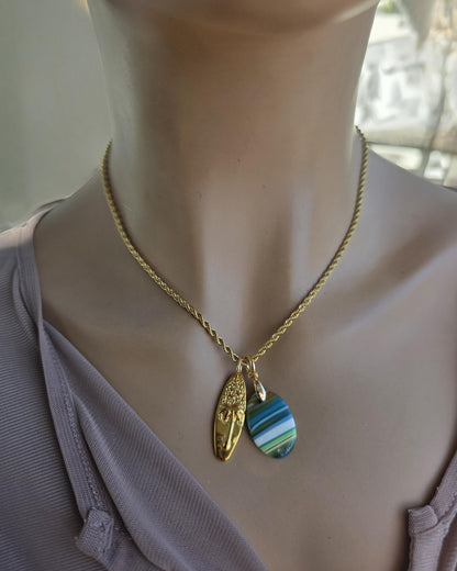 Upcycled Surfboard Resin Pendant with Gold Surfer Charm Necklace – Eco Friendly Ocean Jewelry