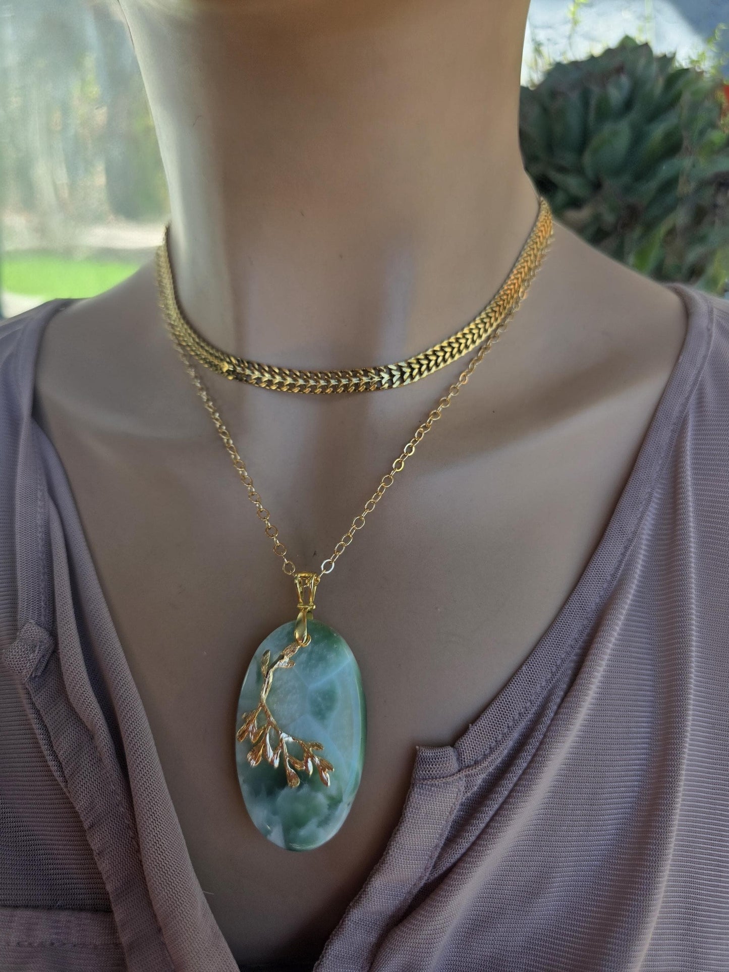 Hemimorphite Leaf Pendant Layered Necklace Set: 18k Gold Plated Boho Healing Jewelry