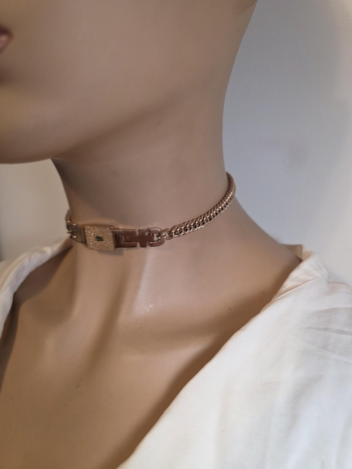 Rose Gold Tone Steel Locking Choker Necklace: BDSM Day Collar with Key