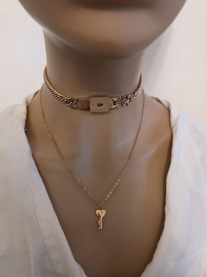 Rose Gold Tone Steel Locking Choker Necklace: BDSM Day Collar with Key