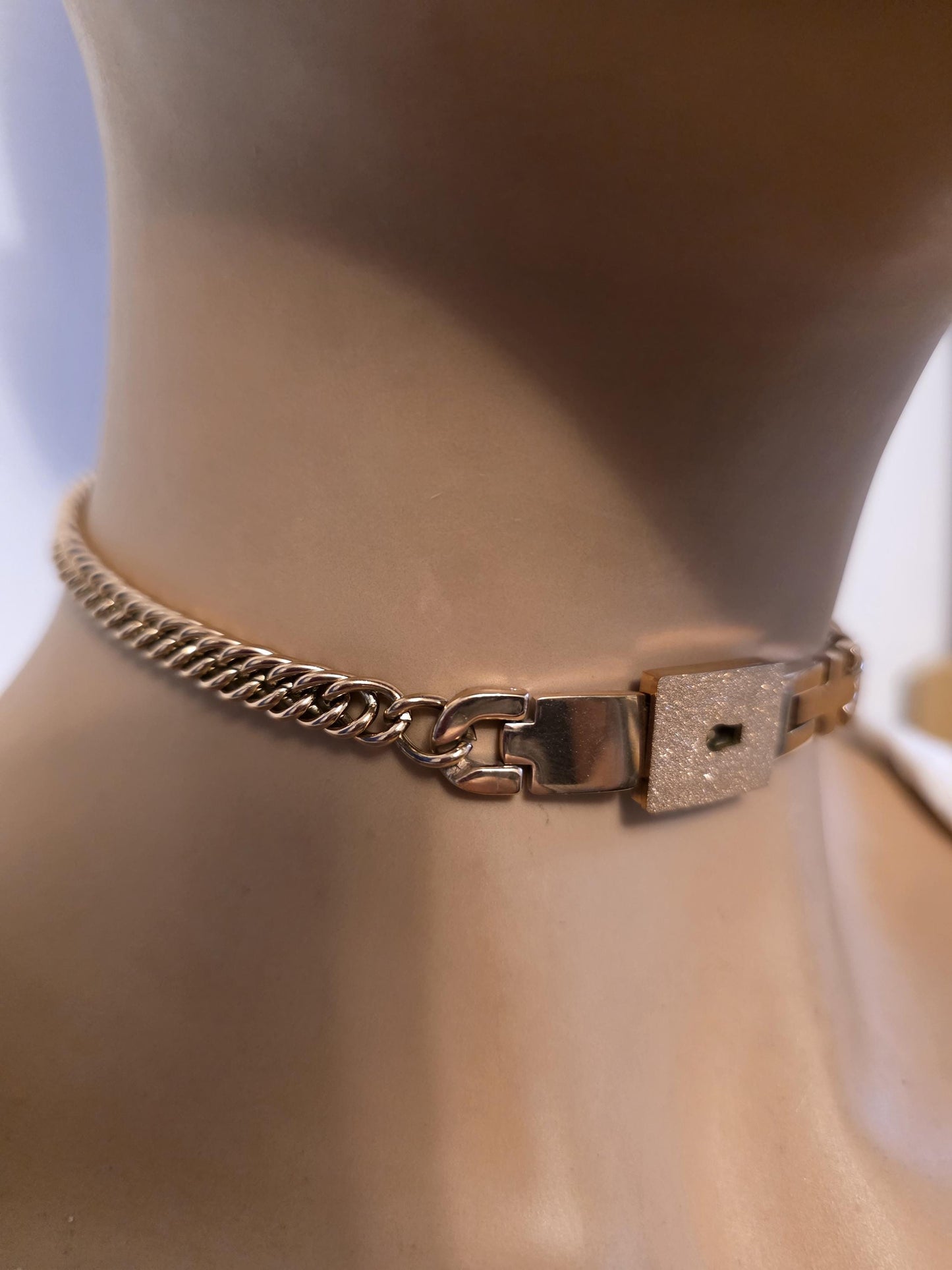 Rose Gold Tone Steel Locking Choker Necklace: BDSM Day Collar with Key