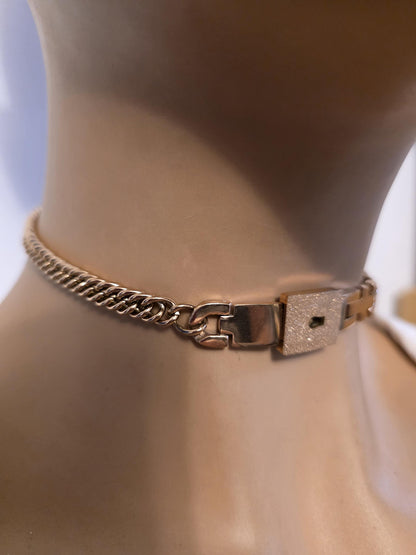 Rose Gold Tone Steel Locking Choker Necklace: BDSM Day Collar with Key