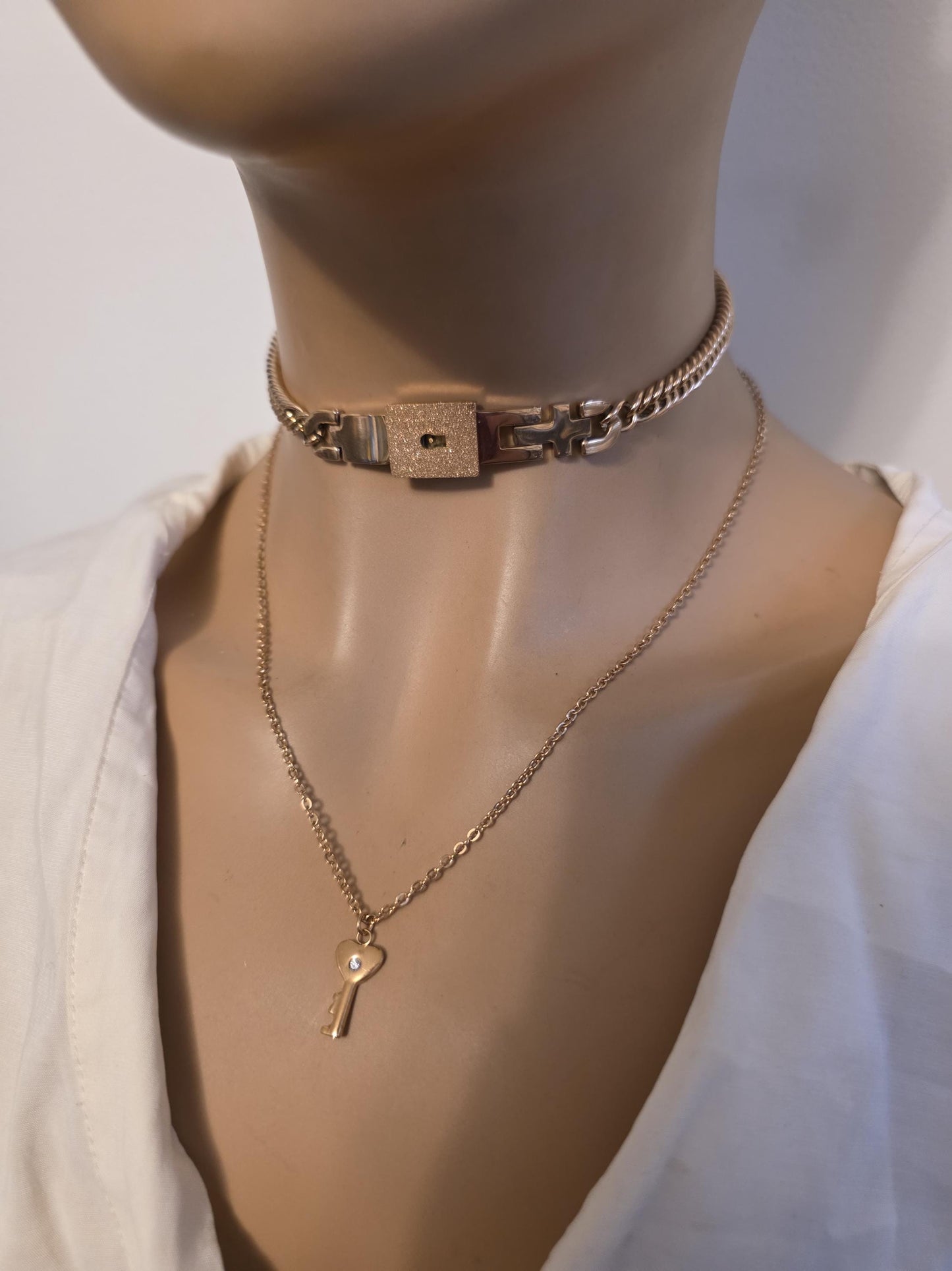 Rose Gold Tone Steel Locking Choker Necklace: BDSM Day Collar with Key