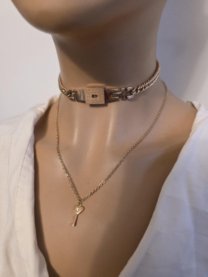 Rose Gold Tone Steel Locking Choker Necklace: BDSM Day Collar with Key