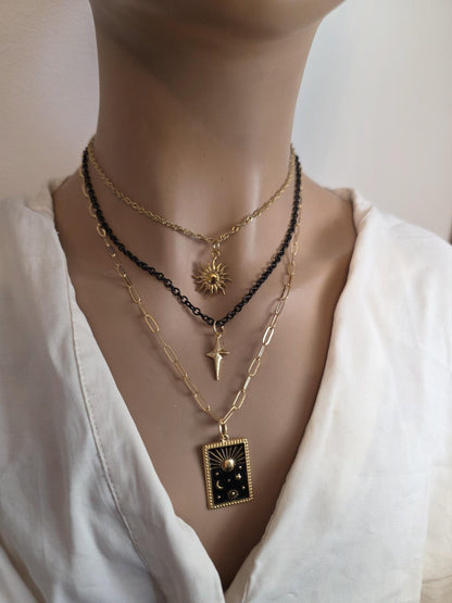 Celestial Moon, Sun, Stars Gold & Black Norse Layered Necklace | Viking-Inspired Celestial Amulet