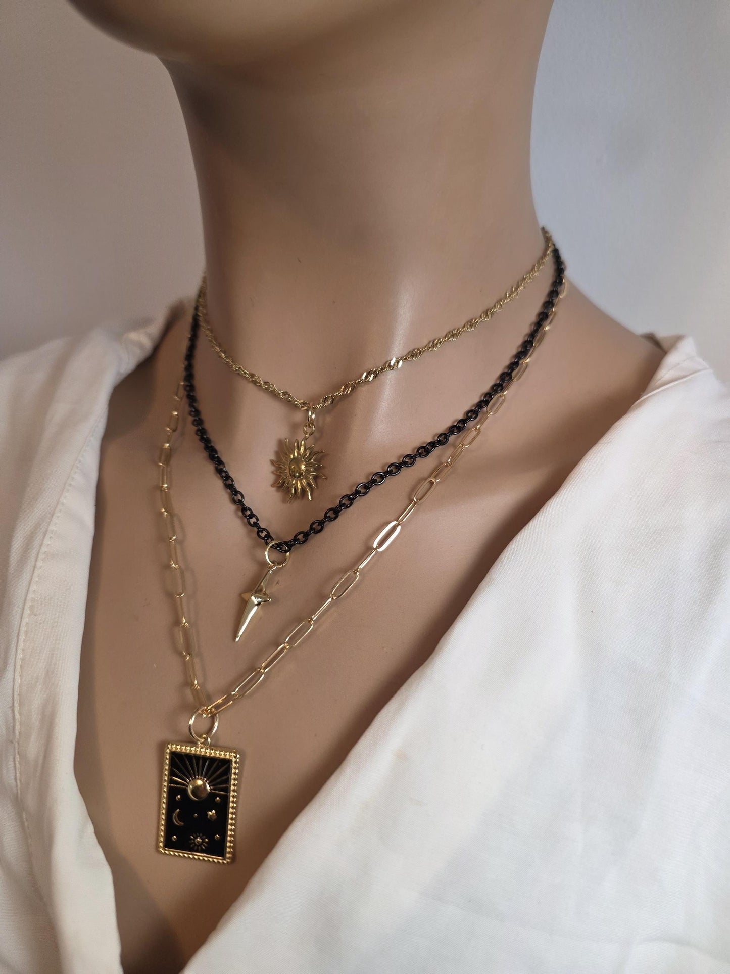 Celestial Moon, Sun, Stars Gold & Black Norse Layered Necklace | Viking-Inspired Celestial Amulet