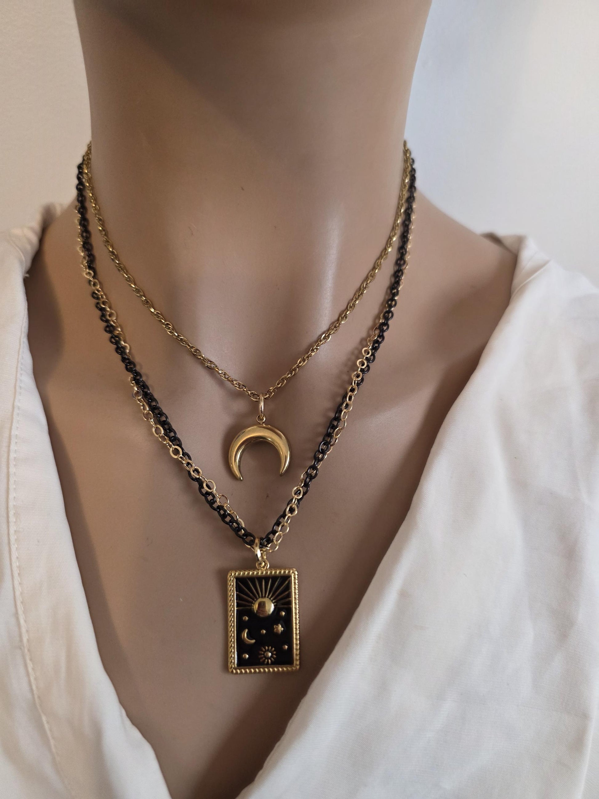 Celestial Moon, Sun, Stars Gold & Black Norse Layered Necklace | Viking-Inspired Celestial Amulet