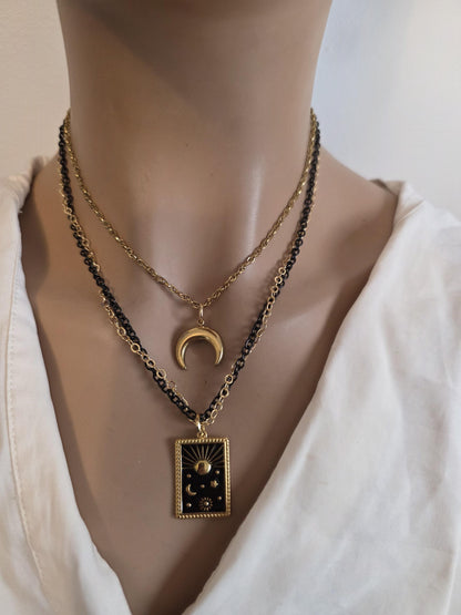 Celestial Moon, Sun, Stars Gold & Black Norse Layered Necklace | Viking-Inspired Celestial Amulet